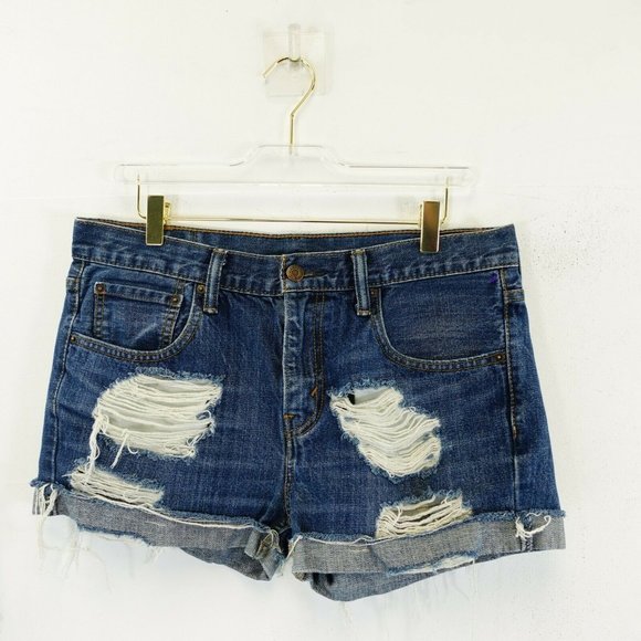 LEVI'S Women's Dark Blue Washed Denim Jean Short 32 Distressed Fringe Mid Rise - Picture 1 of 9